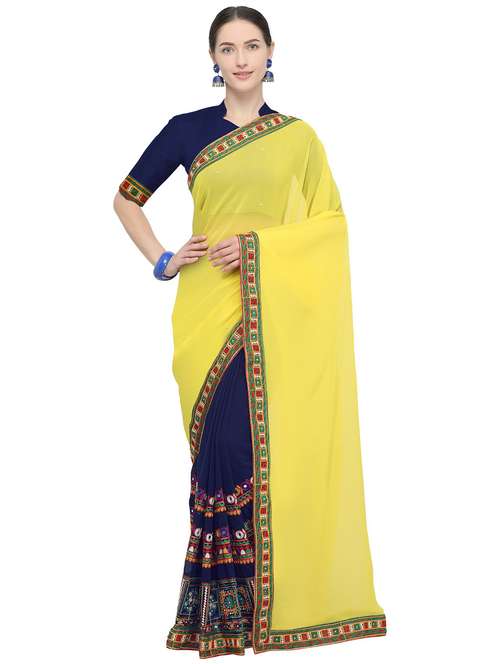 yellow colored half and half  saree with blouse - 20348543 -  Standard Image - 0