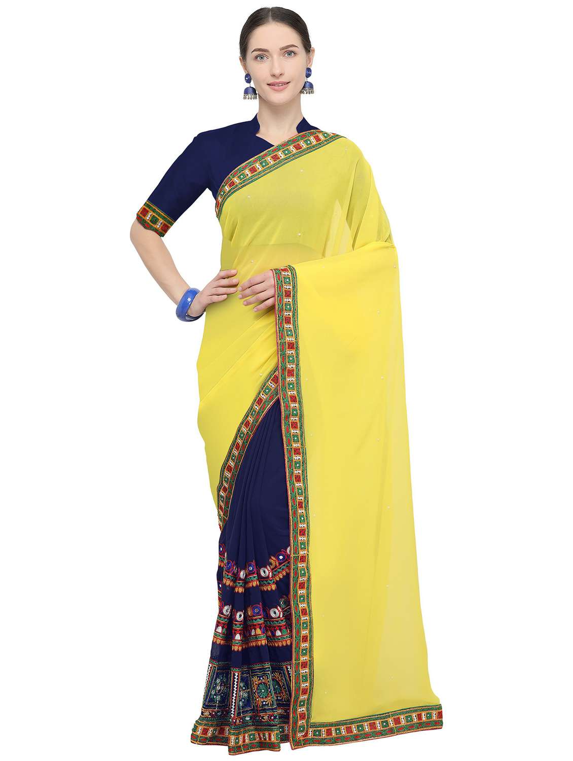 yellow colored half and half  saree with blouse - 20348543 -  Zoom Image - 0