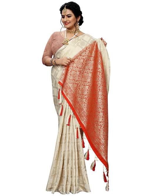 cream self design banarasi saree with blouse - 20349202 - Standard Image - 0
