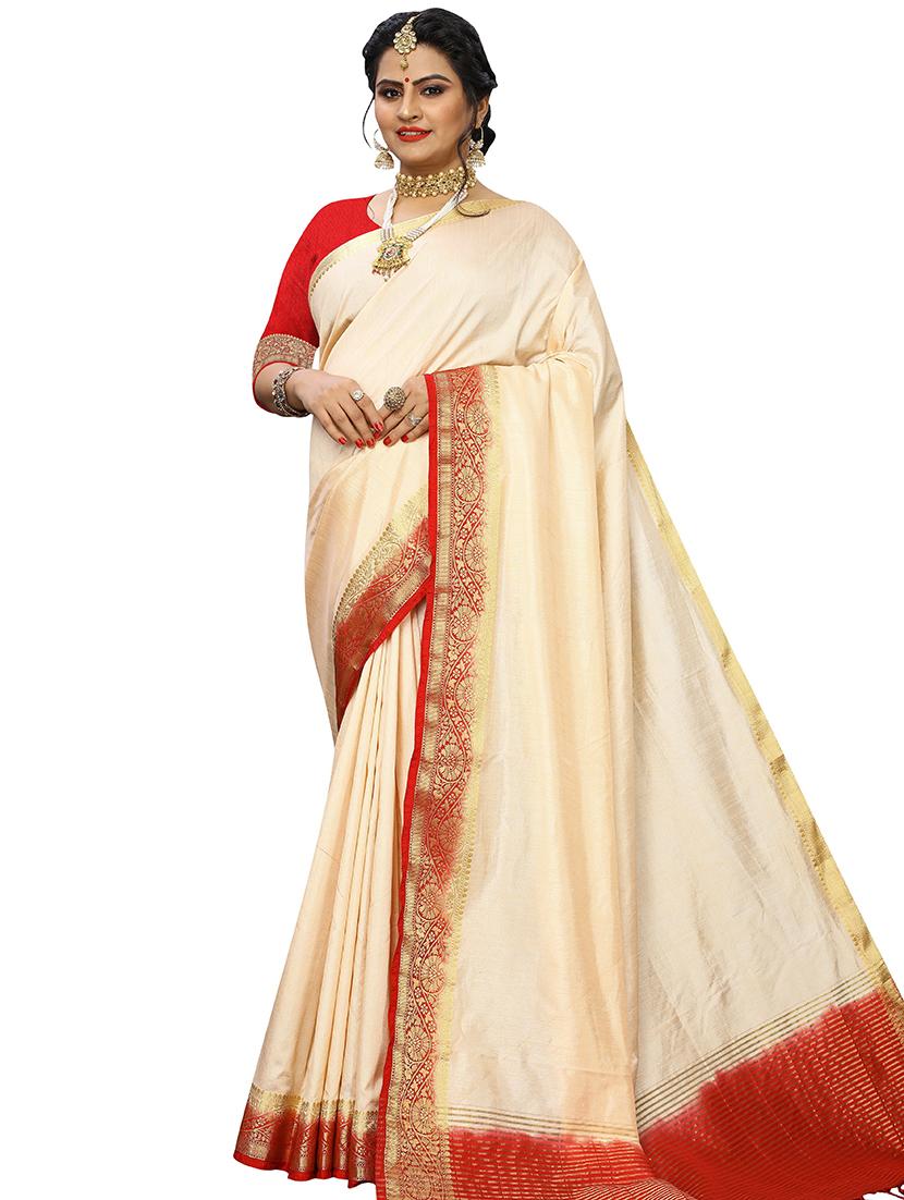cream self design banarasi saree with blouse - 20349217 - Zoom Image - 0