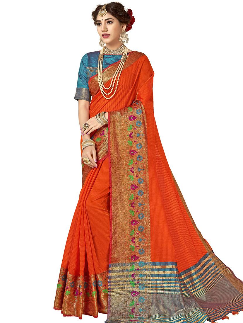 orange solid with bordered saree with blouse - 20349218 - Zoom Image - 0