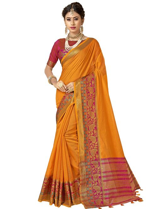 orange colored bordered  saree with blouse - 20349223 -  Standard Image - 0