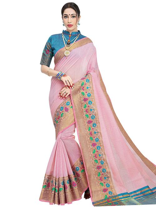 pink self design bordered saree with blouse - 20349250 -  Standard Image - 0