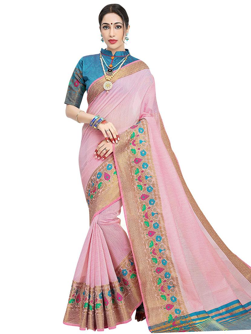 pink self design bordered saree with blouse - 20349250 -  Zoom Image - 0