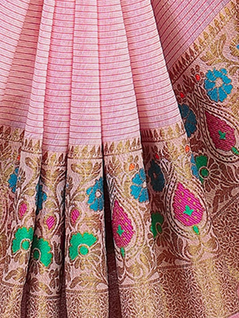 pink self design bordered saree with blouse - 20349250 - Standard Image - 3