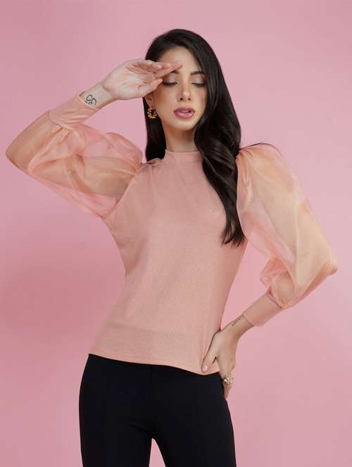 pink solid puff sleeves regular top - 20349348 -  Standard Image - 0