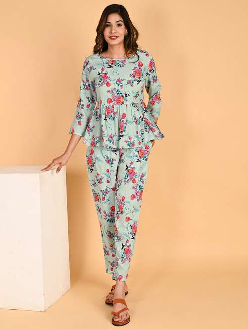 women round neck floral printed top and trouser co-ord set - 20350233 -  Standard Image - 0