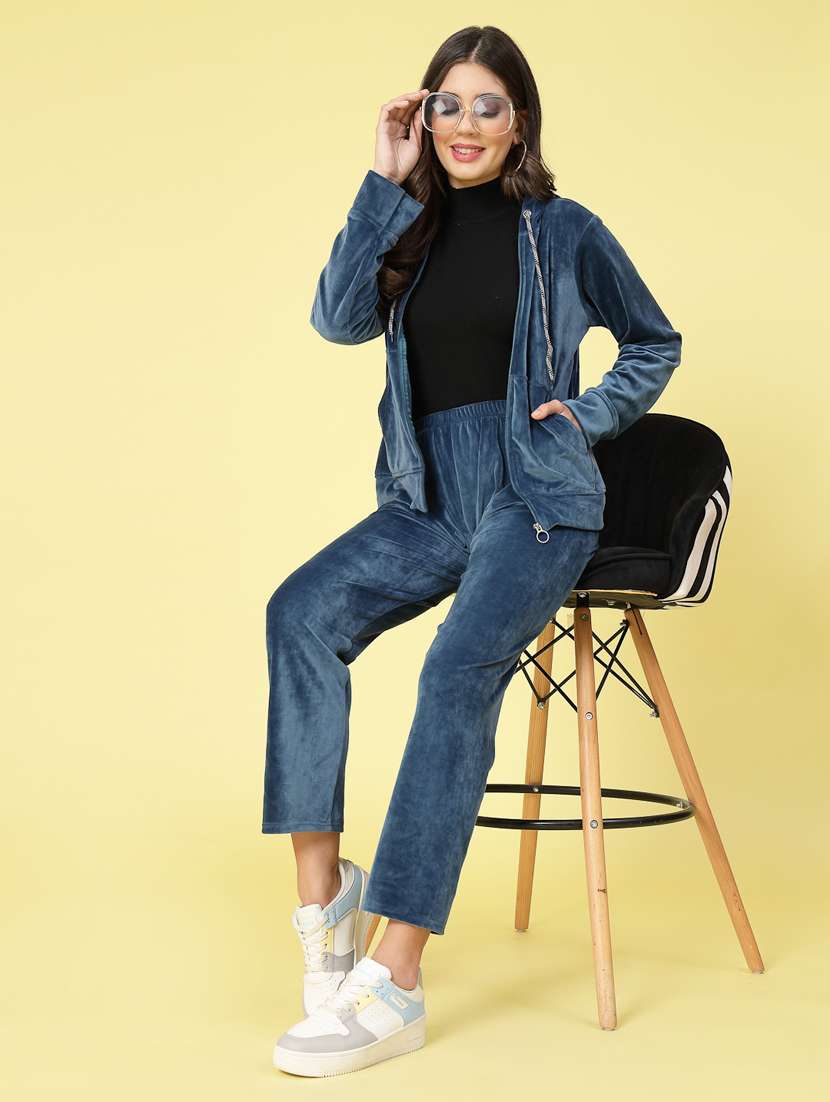 women navy blue velvet top and trouser co-ord set - 20351713 -  Standard Image - 3