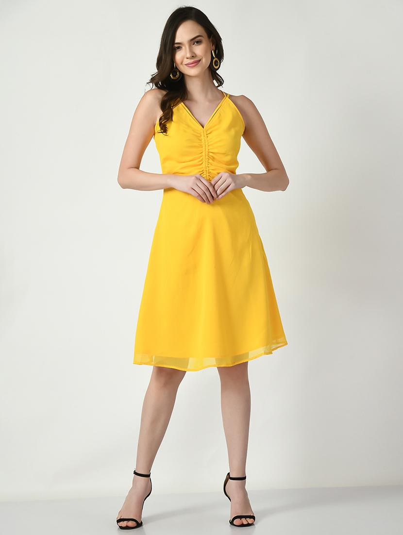 yellow solid a-line dress - 20351734 -  Zoom Image - 0