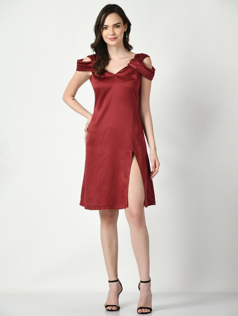 maroon solid sweat heart neck a-line dress - 20351745 - Zoom Image - 0