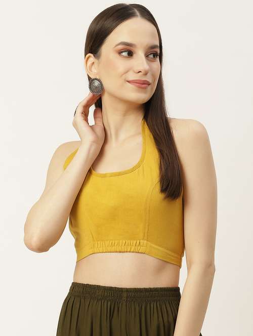women yellow solid halter neck stitched blouse