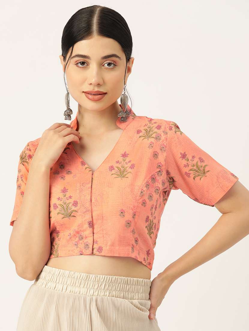 women peach mandarin neck stitched blouse - 20351881 -  Zoom Image - 0