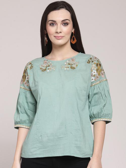 women green round neck a-line top - 20352328 -  Standard Image - 0