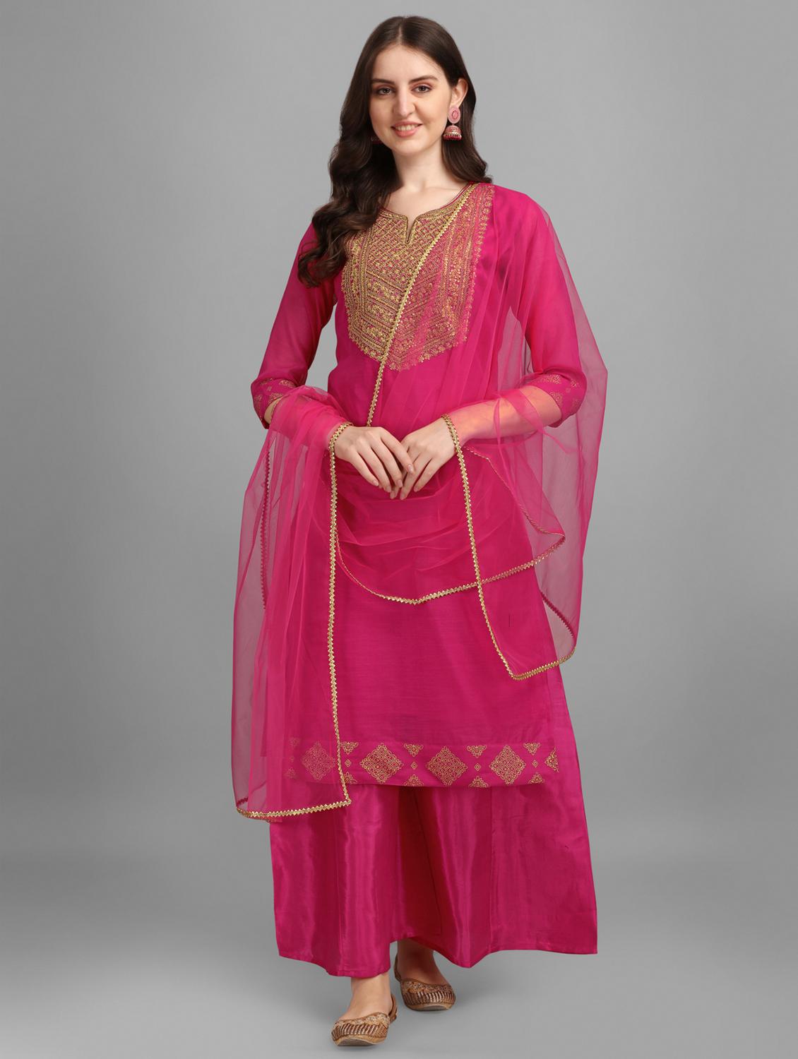 women pink notch neck kurta palazzo set with dupatta - 20353672 - Zoom Image - 0