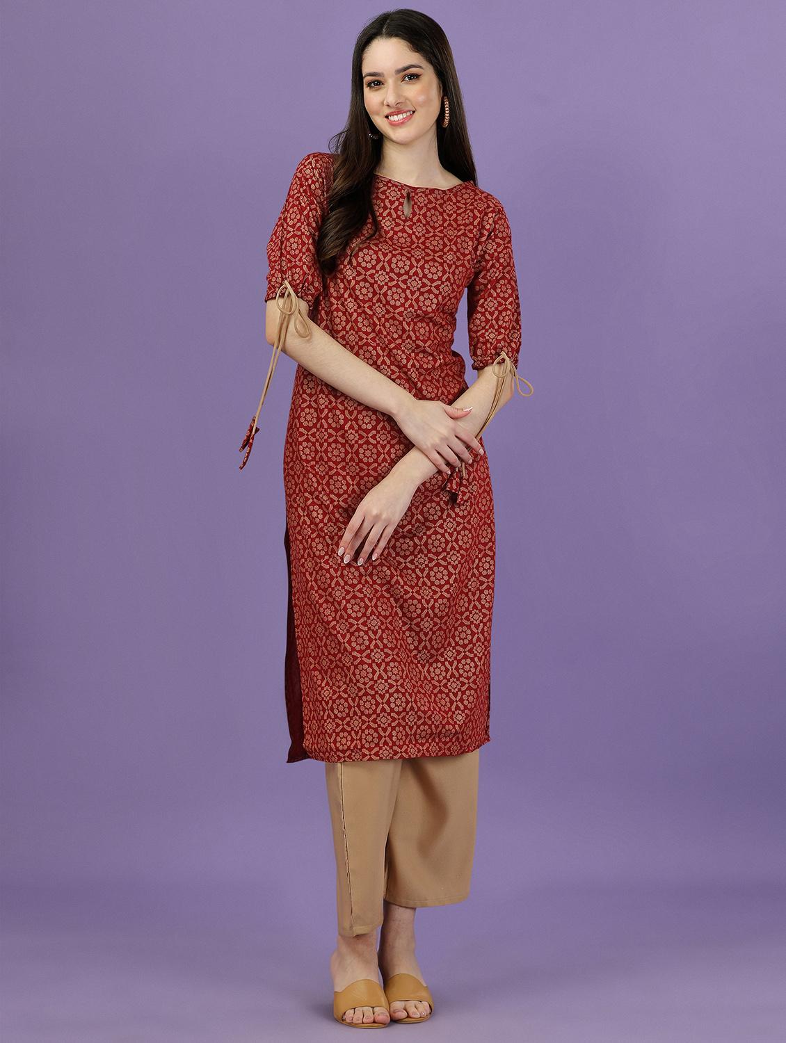 women red key hole neck kurta palazzo set - 20353679 - Zoom Image - 0