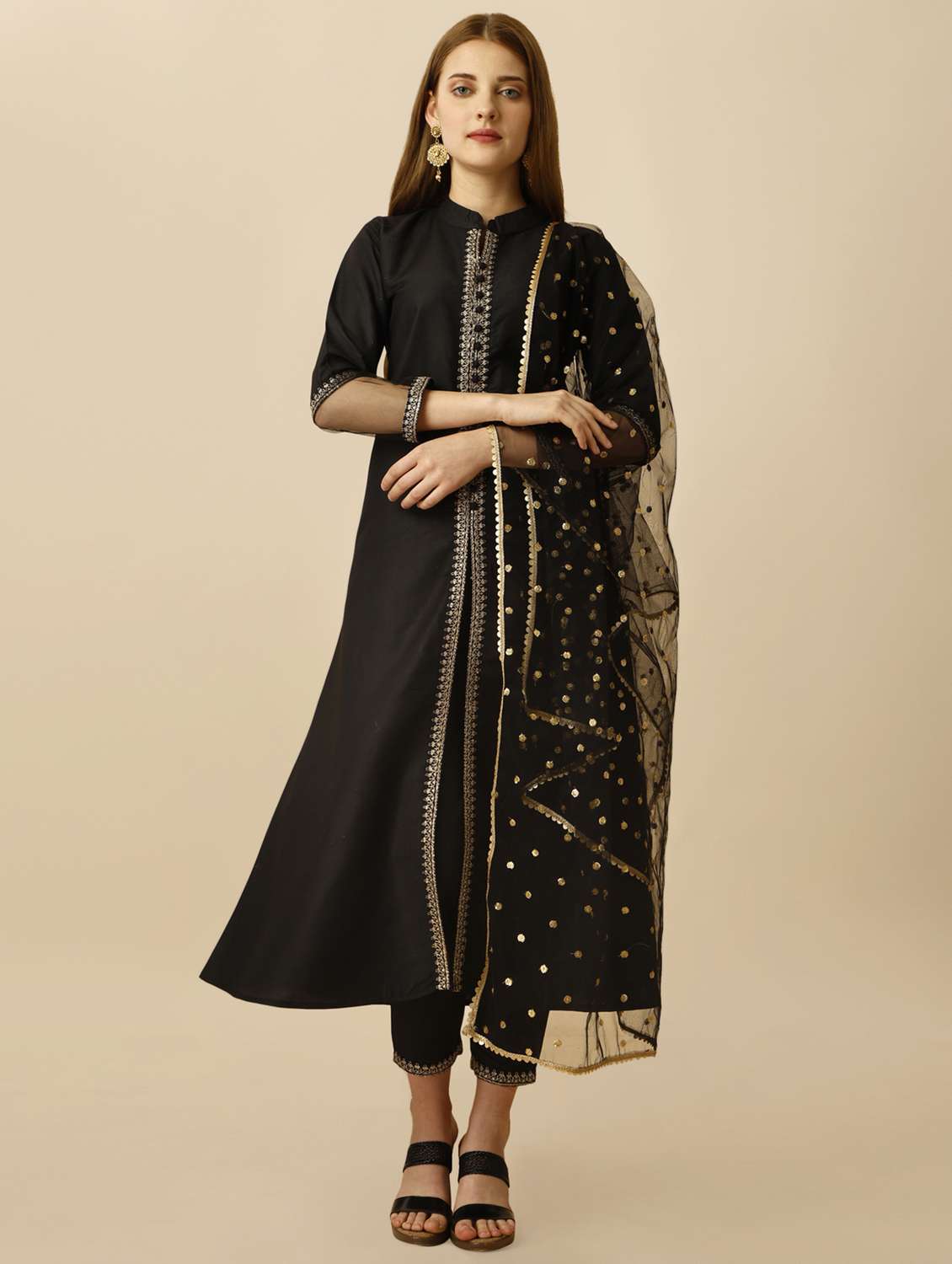 women black mandarin neck kurta pant set with dupatta - 20353697 - Zoom Image - 0