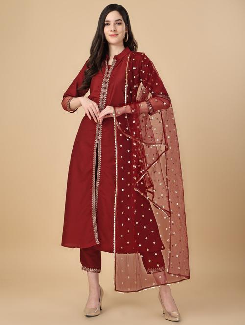 maroon three quarter sleeve suit set - 20353698 -  Standard Image - 0