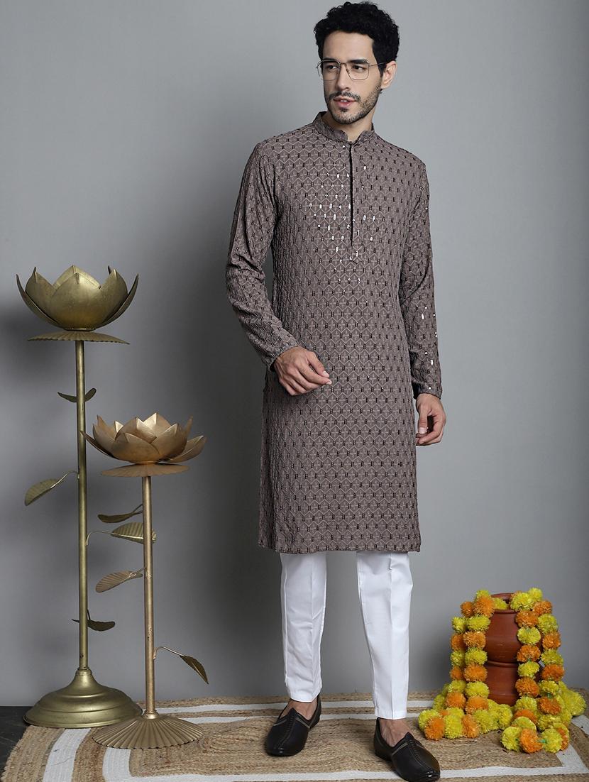 men brown sequin embroidered viscose kurta pyjama ethnic wear set - 20353851 - Zoom Image - 0