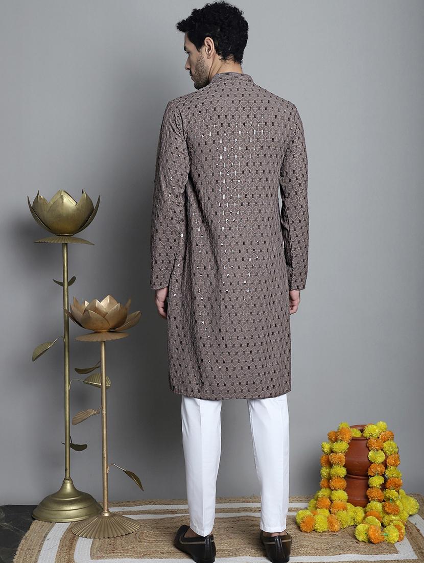 men brown sequin embroidered viscose kurta pyjama ethnic wear set - 20353851 - Standard Image - 3
