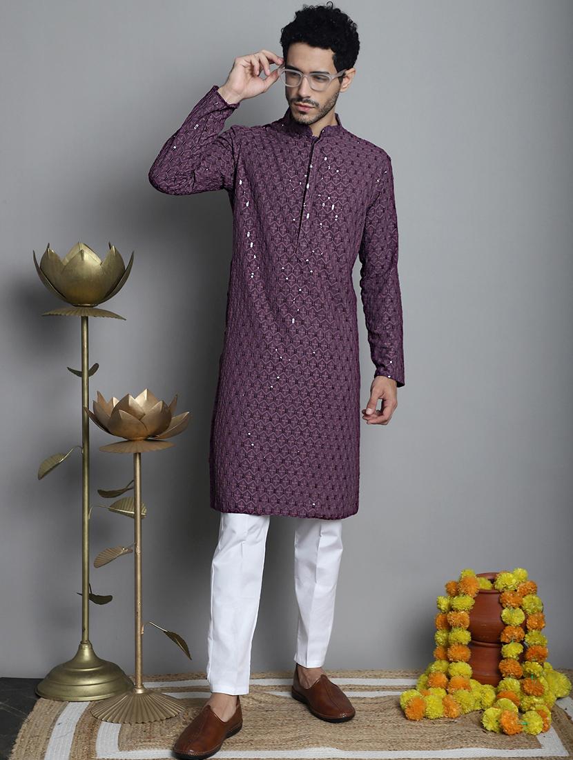 men purple sequin embroidered viscose kurta pyjama ethnic wear set - 20353852 - Zoom Image - 0