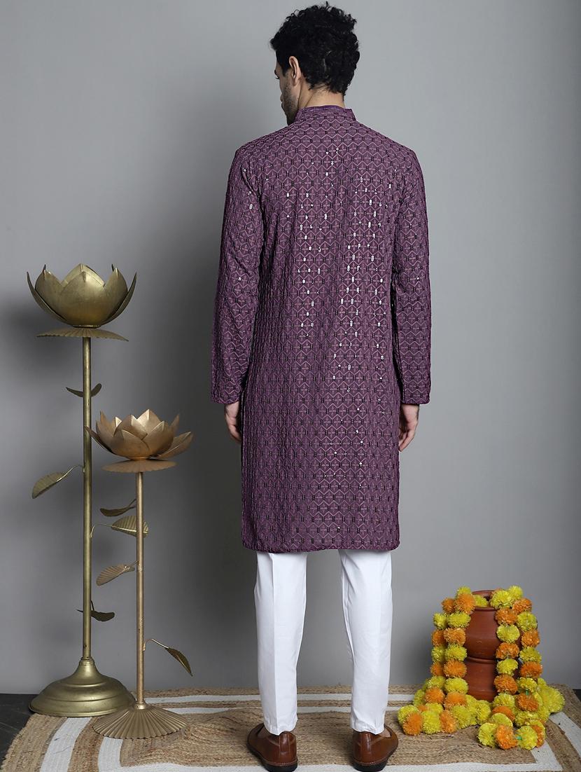 men purple sequin embroidered viscose kurta pyjama ethnic wear set - 20353852 - Standard Image - 3