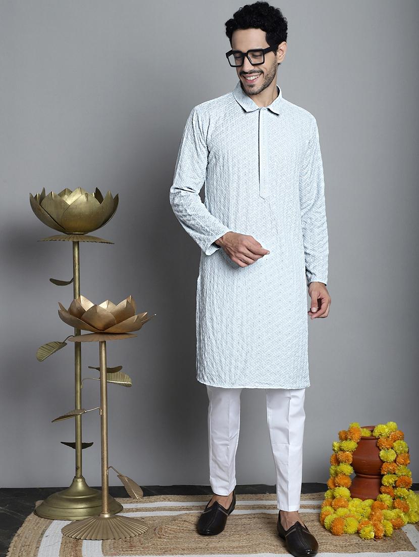 men light blue embroidered viscose kurta pyjama ethnic wear set - 20353854 - Zoom Image - 0