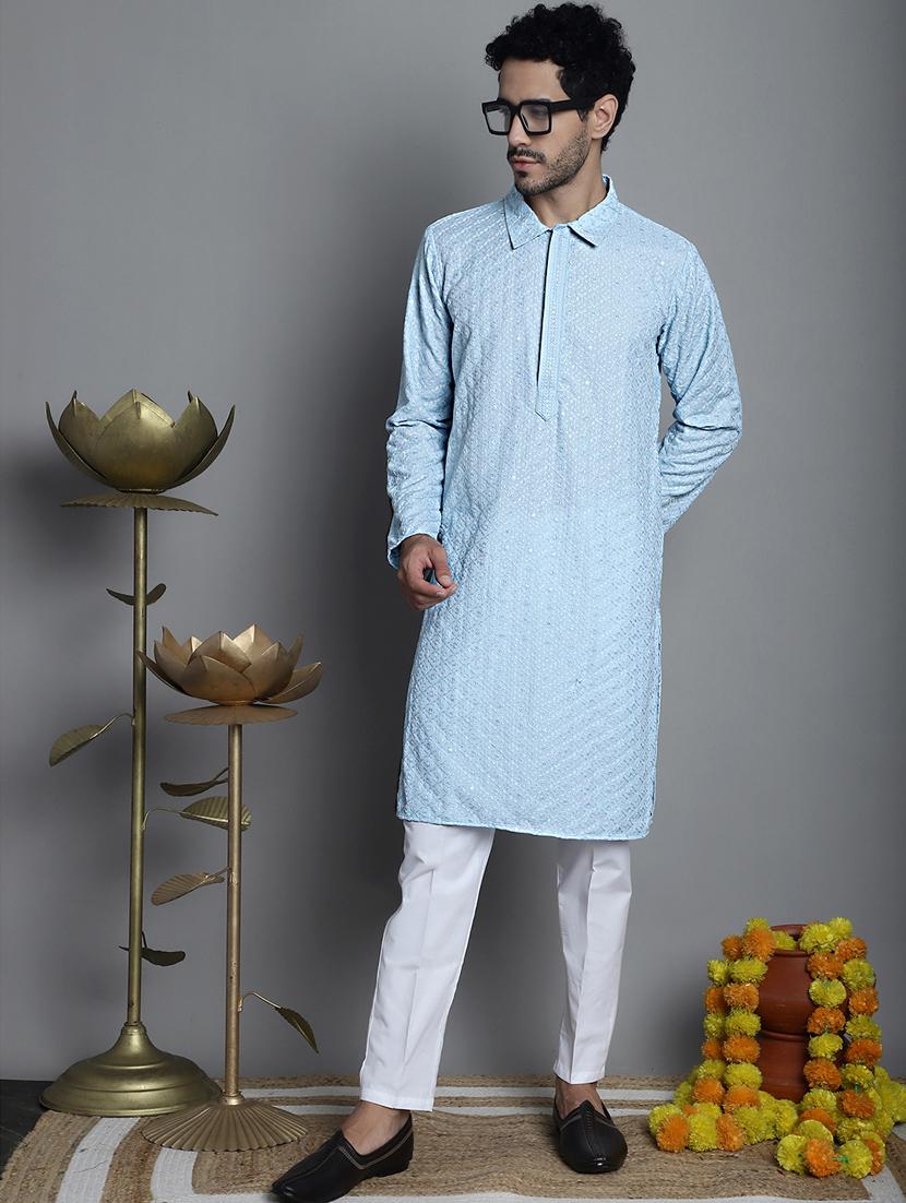 men light blue embroidered viscose kurta pyjama ethnic wear set - 20353856 - Zoom Image - 0