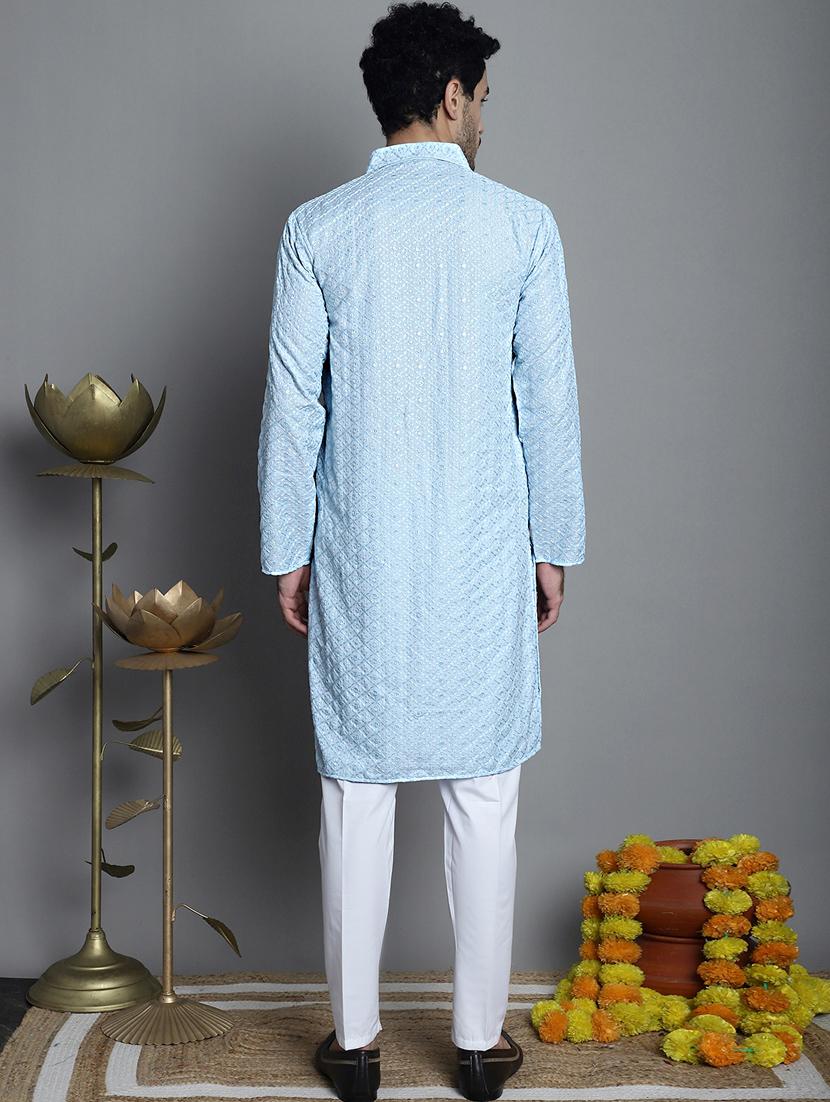 men light blue embroidered viscose kurta pyjama ethnic wear set - 20353856 - Standard Image - 3