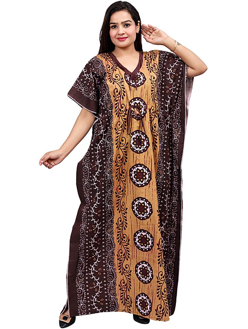 beige printed v neck kaftan nighty - 20354573 -  Zoom Image - 0