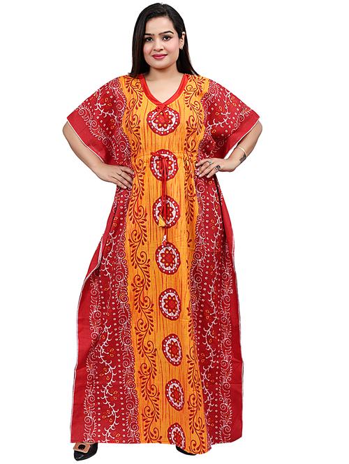 orange printed v neck kaftan nighty - 20354575 - Standard Image - 0