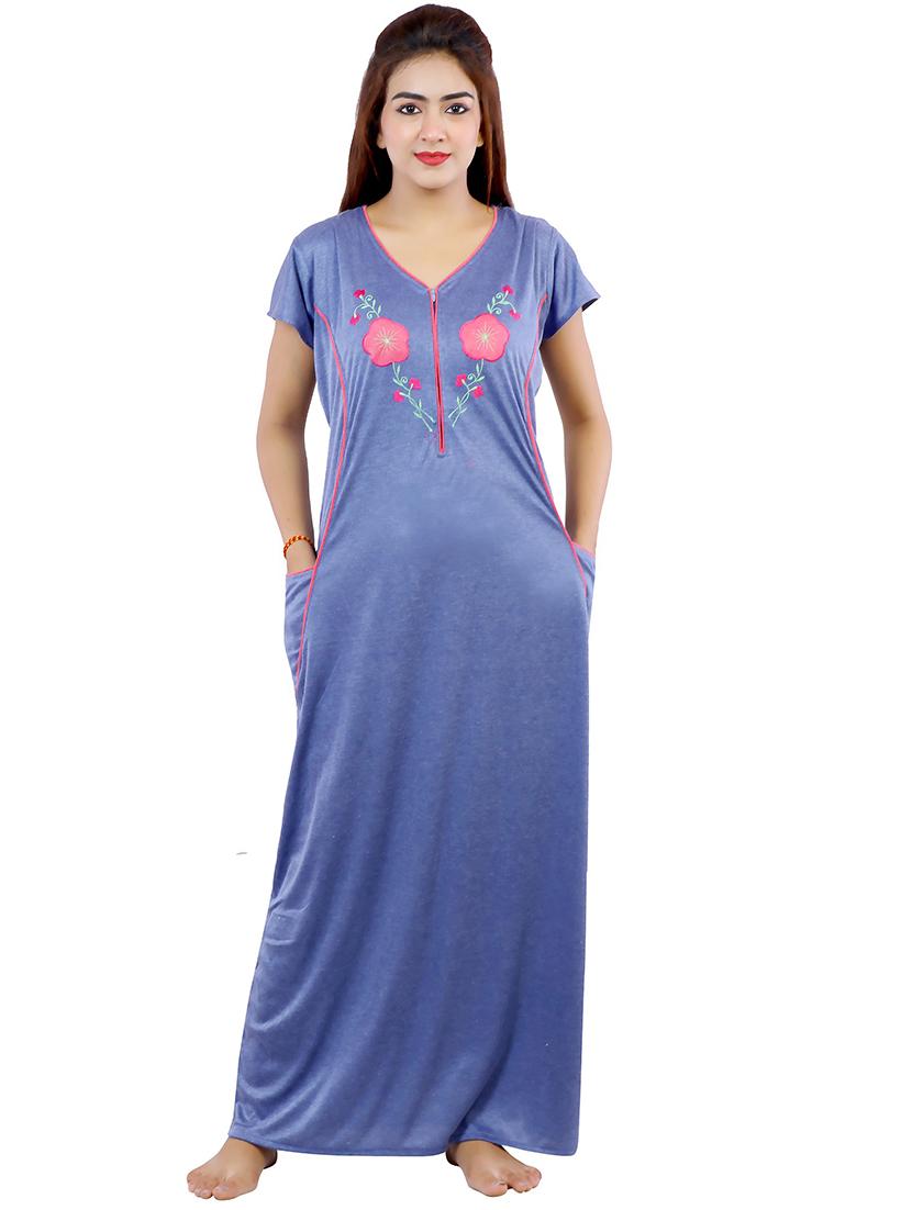blue solid with work short sleeves nighty - 20354588 - Zoom Image - 0