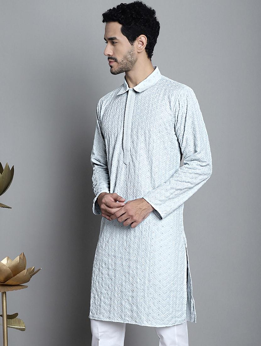 men white embroidered viscose long kurta - 20354929 - Zoom Image - 0