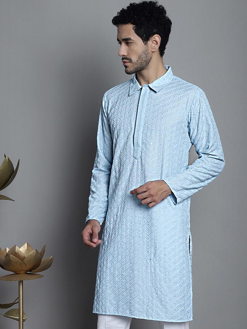 men light blue embroidered viscose long kurta - 20354931 - Zoom Image - 0