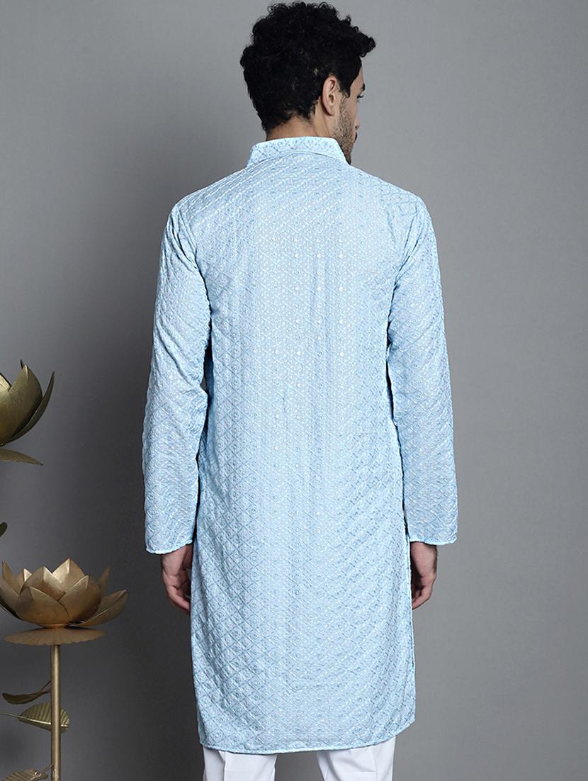 men light blue embroidered viscose long kurta - 20354931 - Standard Image - 3