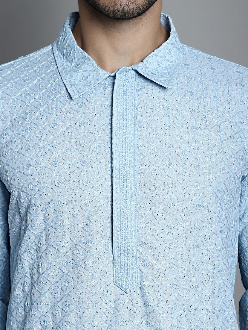 men light blue embroidered viscose long kurta - 20354931 - Standard Image - 5