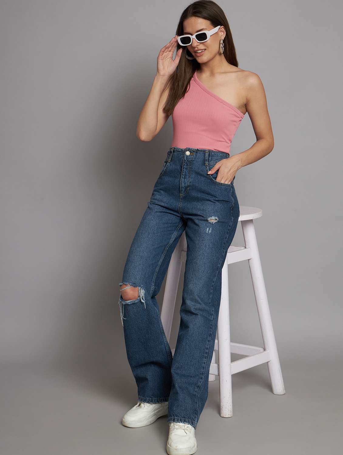 women single shoulder solid regular top - 20355022 -  Standard Image - 3