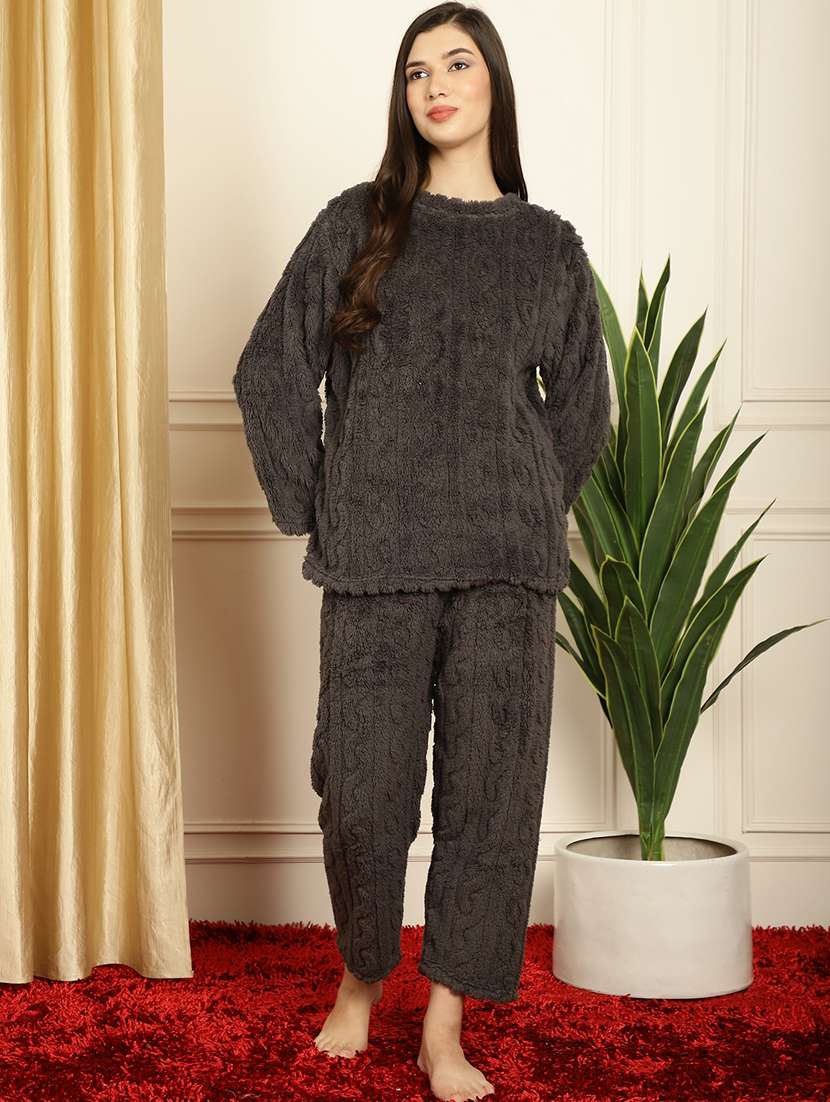 brown self design pyjama nightwear set