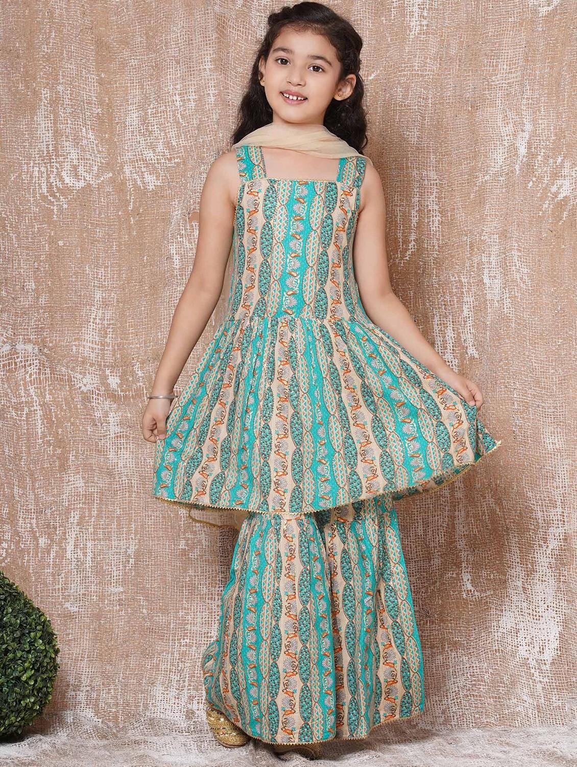 turquoise printed kurta sharara set - 20357092 - Zoom Image - 0