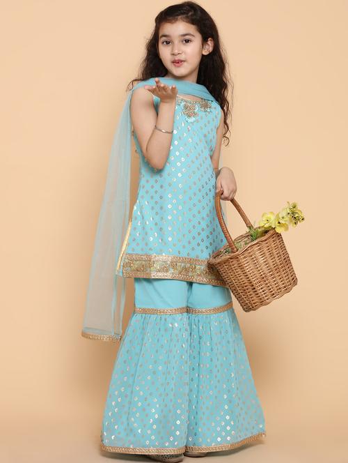 light blue solid with work kurta sharara set - 20357212 - Standard Image - 0