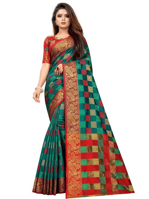 teal colored banarasi  saree with blouse - 20358189 -  Standard Image - 0