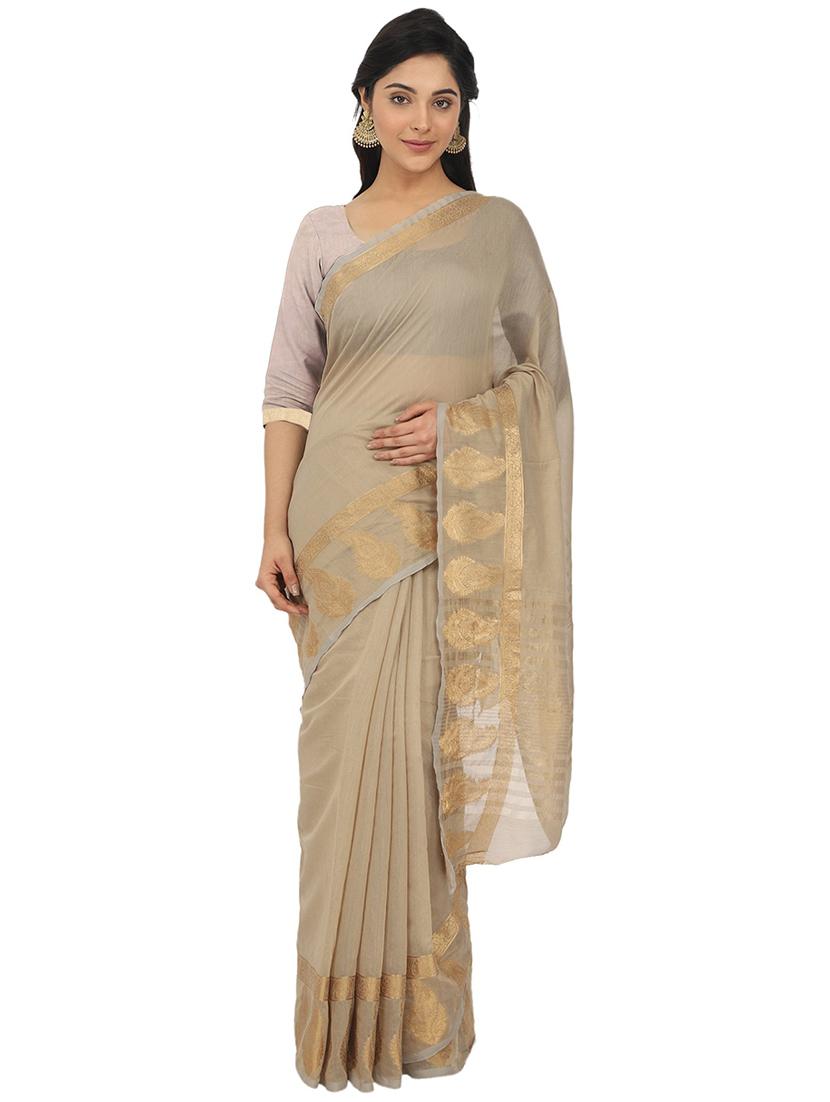 women beige banarasi saree with blouse