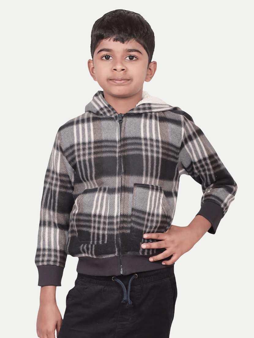 boys multi colored checked hooded jacket