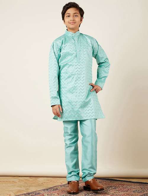 light blue self designed mandarin neck kurta set - 20359584 -  Standard Image - 0