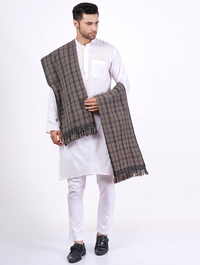 men brown checkered wool jamavar shawl - 20359872 - Zoom Image - 0