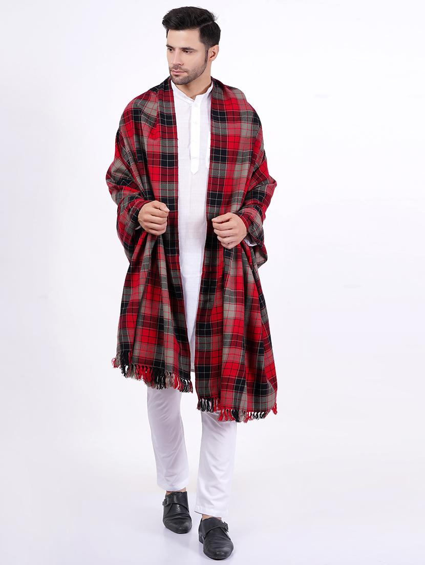 men red checkered wool jamavar shawl - 20359890 - Zoom Image - 0
