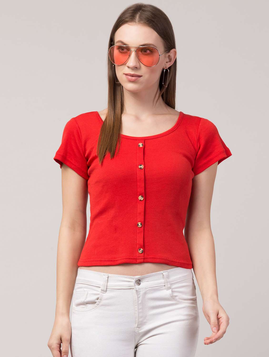 red solid short sleeves regular top