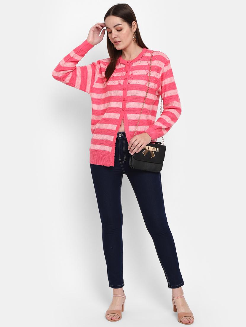 women's striped pink cotton wool cardigan - 20362836 - Standard Image - 3