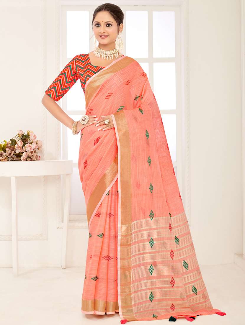women's self design peach colored saree with blouse - 20363432 - Zoom Image - 0