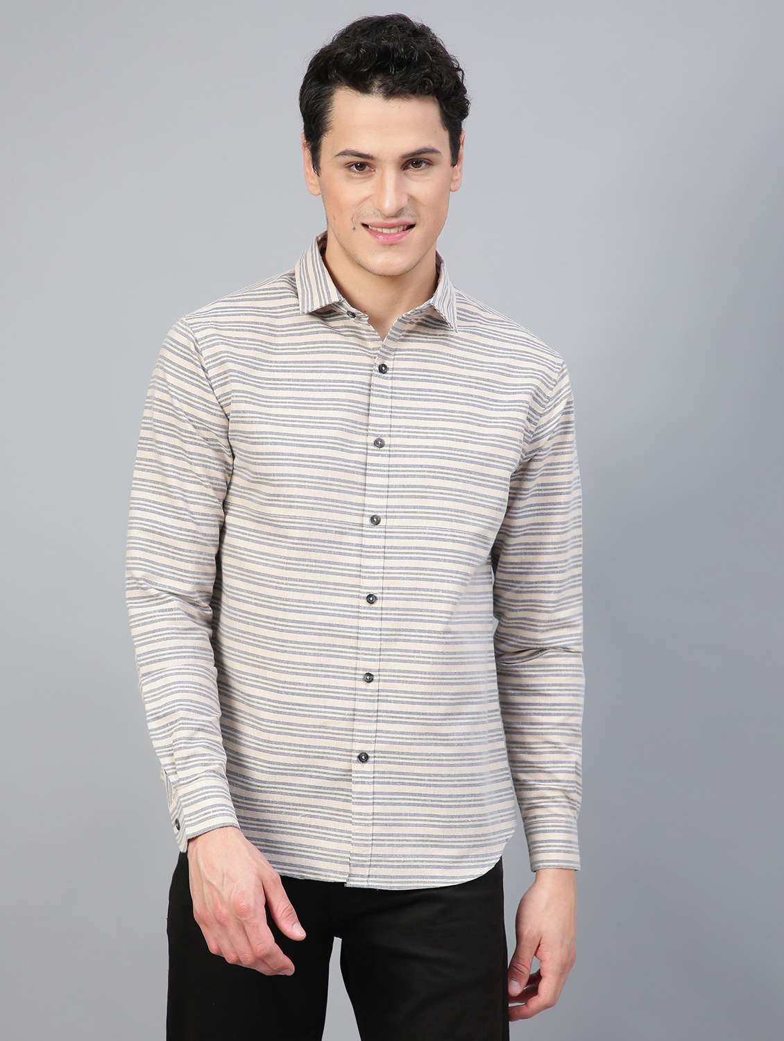 men off white striped long sleeves casual shirt