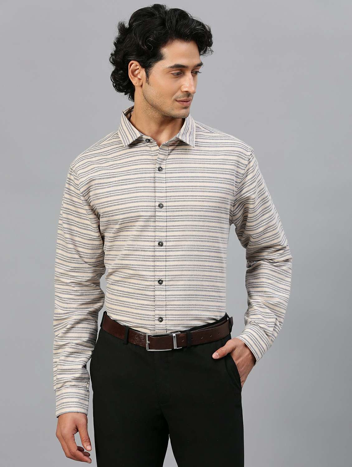 beige horizontal striped long sleeves formal shirt - 20365296 -  Standard Image - 3